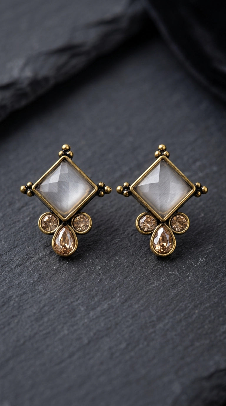 Grey Square Stone Teardrop Crystal Stud Earrings in Gold-Tone Frame for Women - Grey
