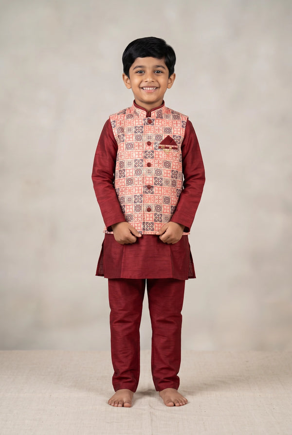 Boys Coral Pink Koti 3-Piece Kurta Set with Printed Sleeveless Waistcoat, Geometric Motifs and Brooch - Coral Pink