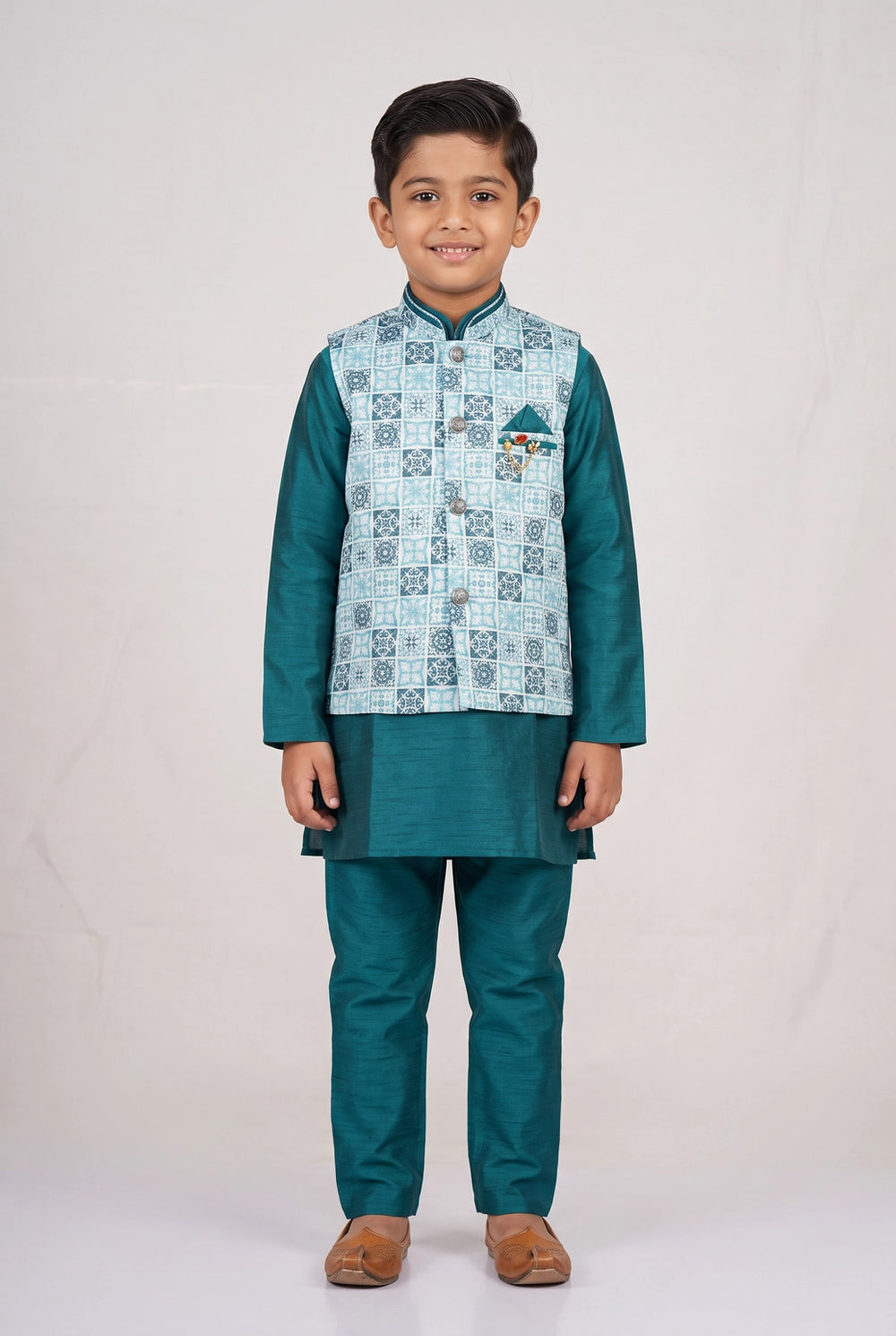 Boys Aqua Blue Koti Kurta Set (3-Piece) with Printed Sleeveless Koti & Matching Pants - Aqua Blue