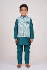 Boys Aqua Blue Koti Kurta Set (3-Piece) with Printed Sleeveless Koti & Matching Pants - Aqua Blue