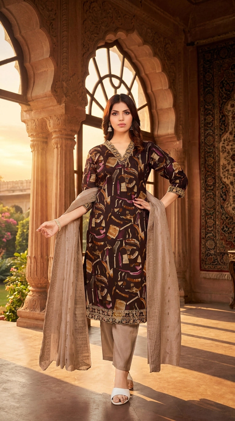 Brown Cotton Aari Work Kurti with Elastic Pant and Jacquard Dupatta 3-Piece Set for Women - Brown
