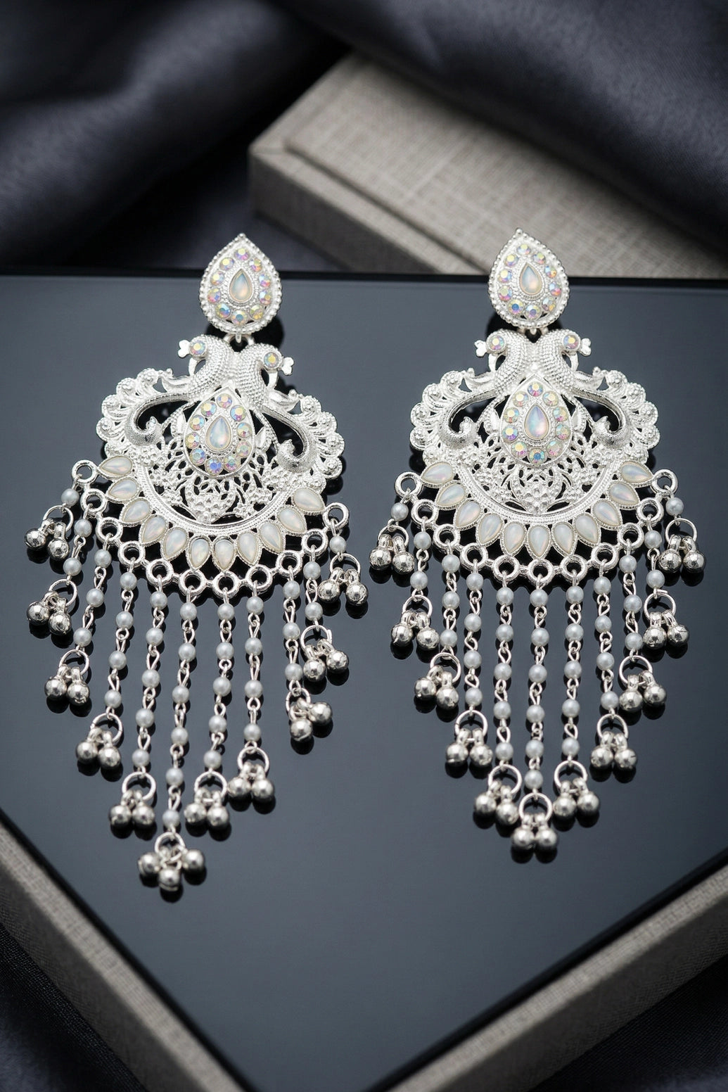 Oxidised Silver Chandelier Filigree Earrings with Pearl Drop Beads for Festive Ethnic Wear - White