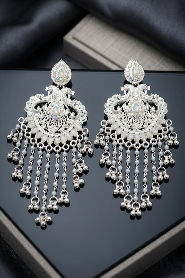 Oxidised Silver Chandelier Filigree Earrings with Pearl Drop Beads for Festive Ethnic Wear - White