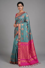 Soft Silk Saree in Grey with Contrast Pink Border, Gold Zari Buttas & Traditional Floral Weave - Grey