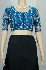 Navy Blue Readymade Padded Blouse with Aari Work Floral Embroidery, Elbow Sleeve and Back Knot Closure