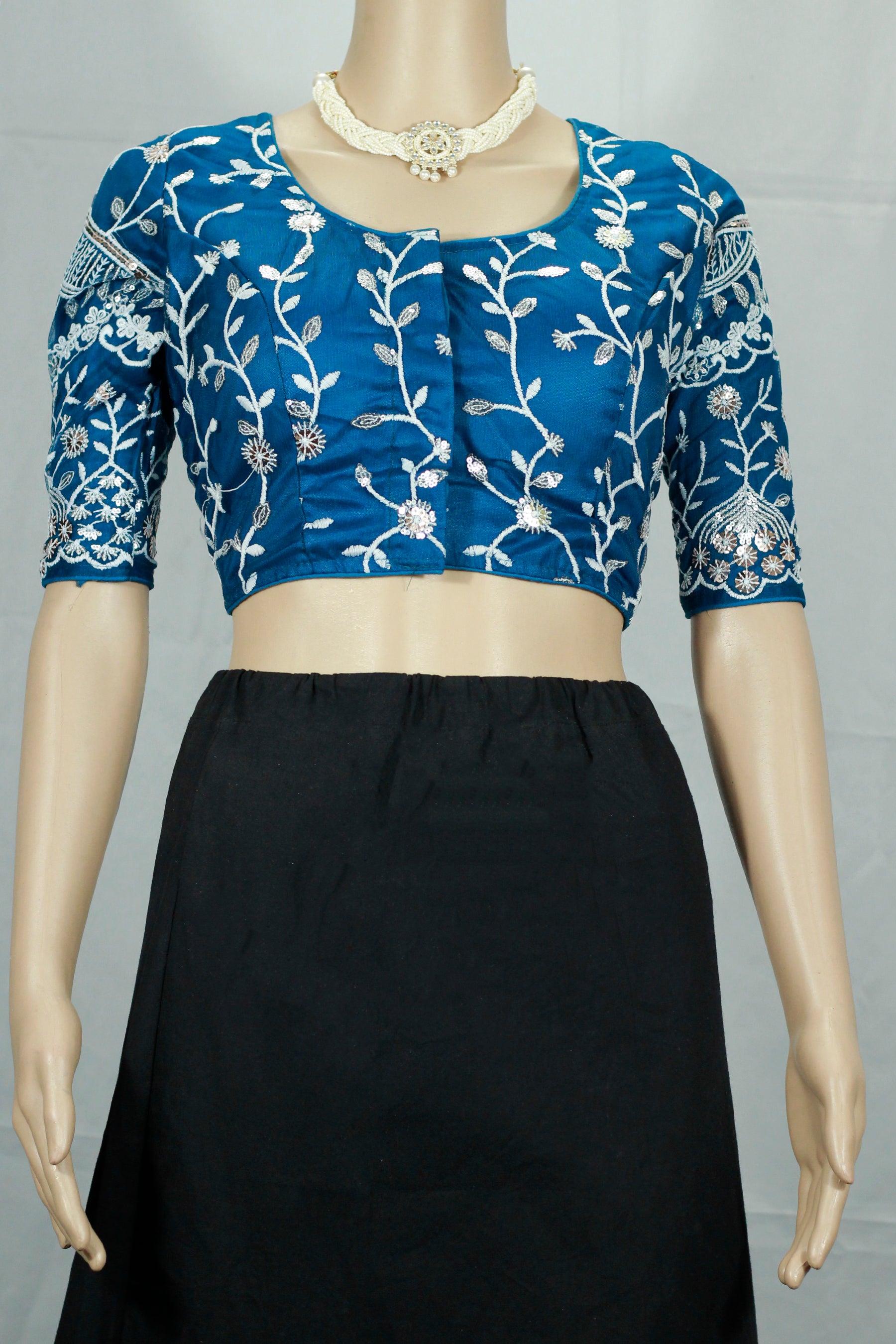 Navy Blue Readymade Padded Blouse with Aari Work Floral Embroidery, Elbow Sleeve and Back Knot Closure