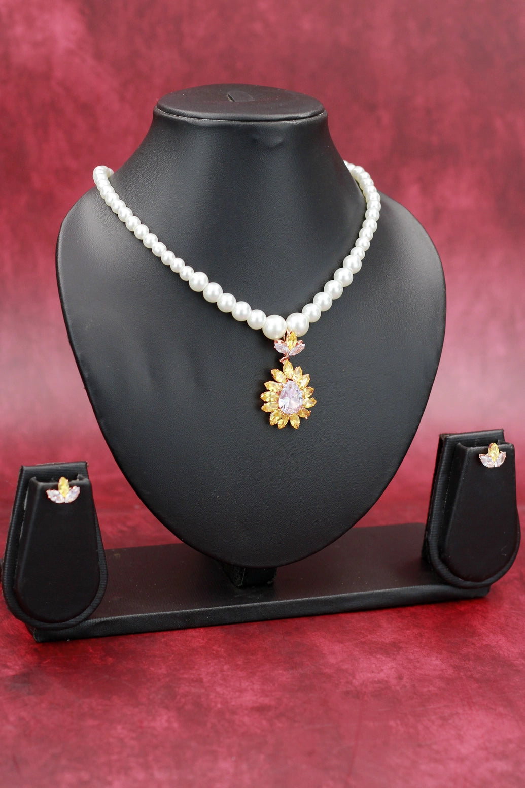 Pearl Necklace Set with Floral Teardrop Pendant and Matching Earrings - Baby Pink, Yellow, Navy Blue, Sky Blue, Green, Red