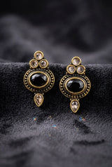 Antique-Style Black Stud Earrings with Oval Stone and Gold-Tone Bead Detailing for Traditional Wear - Black