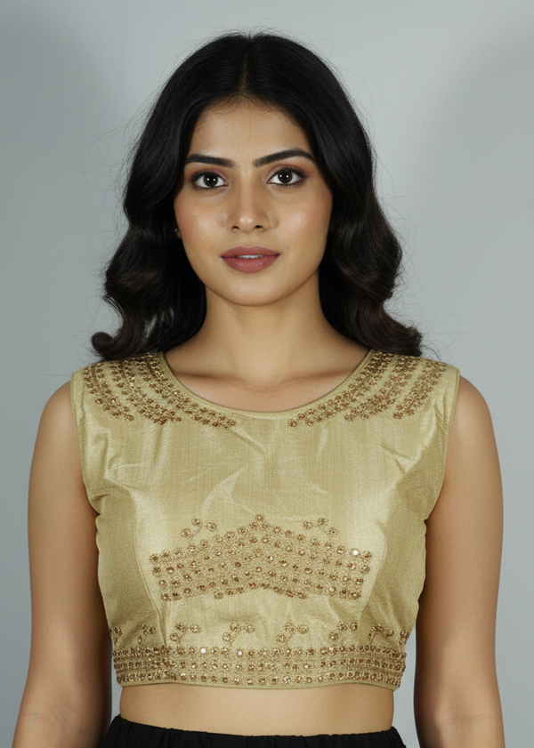 Sandal Readymade Designer Padded Blouse with Aari Work Floral Embroidery, Sleeveless, Back Knot
