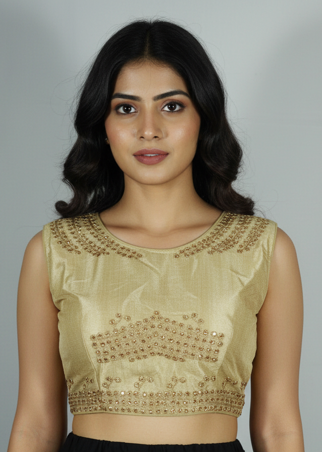 Sandal Readymade Designer Padded Blouse with Aari Work Floral Embroidery, Sleeveless, Back Knot
