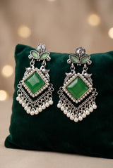 Green Oxidized Silver-Tone Teardrop Drop Earrings with Pearl & Floral Motifs for Traditional Wear - Green