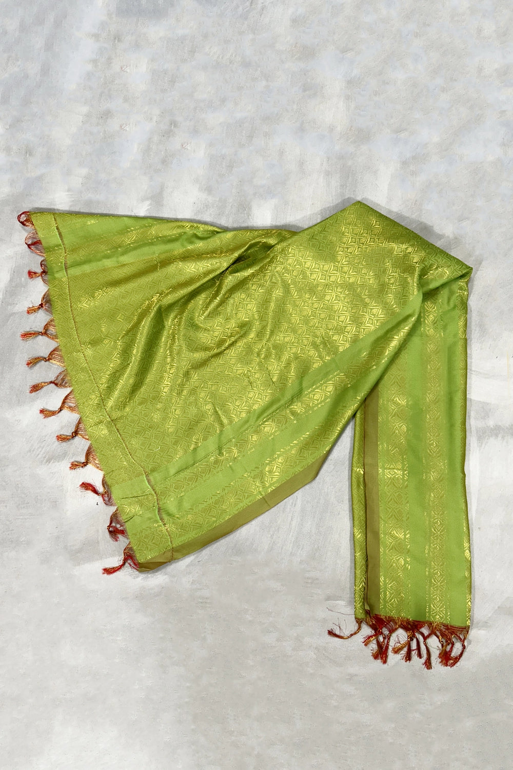 Parrot Green Ponnadai Poly Silk Jacquard Shawl with Zari Pattern & Tassels for Temple, Pooja & Functions - Parrot Green