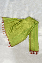 Parrot Green Ponnadai Poly Silk Jacquard Shawl with Zari Pattern & Tassels for Temple, Pooja & Functions - Parrot Green