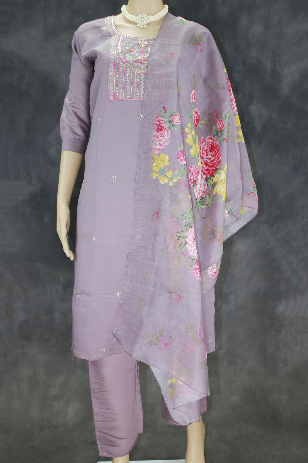 Purple Roman Silk 3-Piece Kurti Set with Elastic Pant and Organza Digital Dupatta - Purple