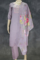 Purple Roman Silk 3-Piece Kurti Set with Elastic Pant and Organza Digital Dupatta - Purple