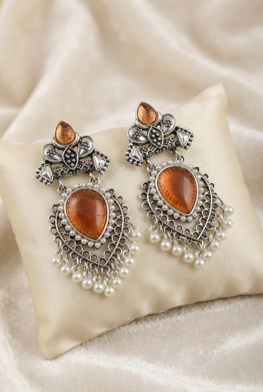 Peach Stone Oxidized Silver Drop Earrings with Pearl Chandbali Style for Women - Peach