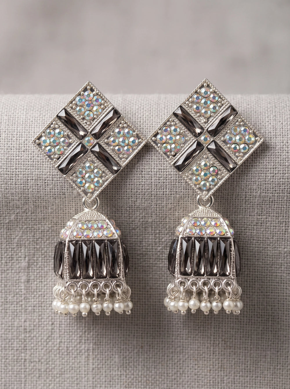 Black Silver Antique Jhumka Earrings with Multicolor Stone Stud & Beaded Dangles, Fashion Jewellery for Women - Black silver