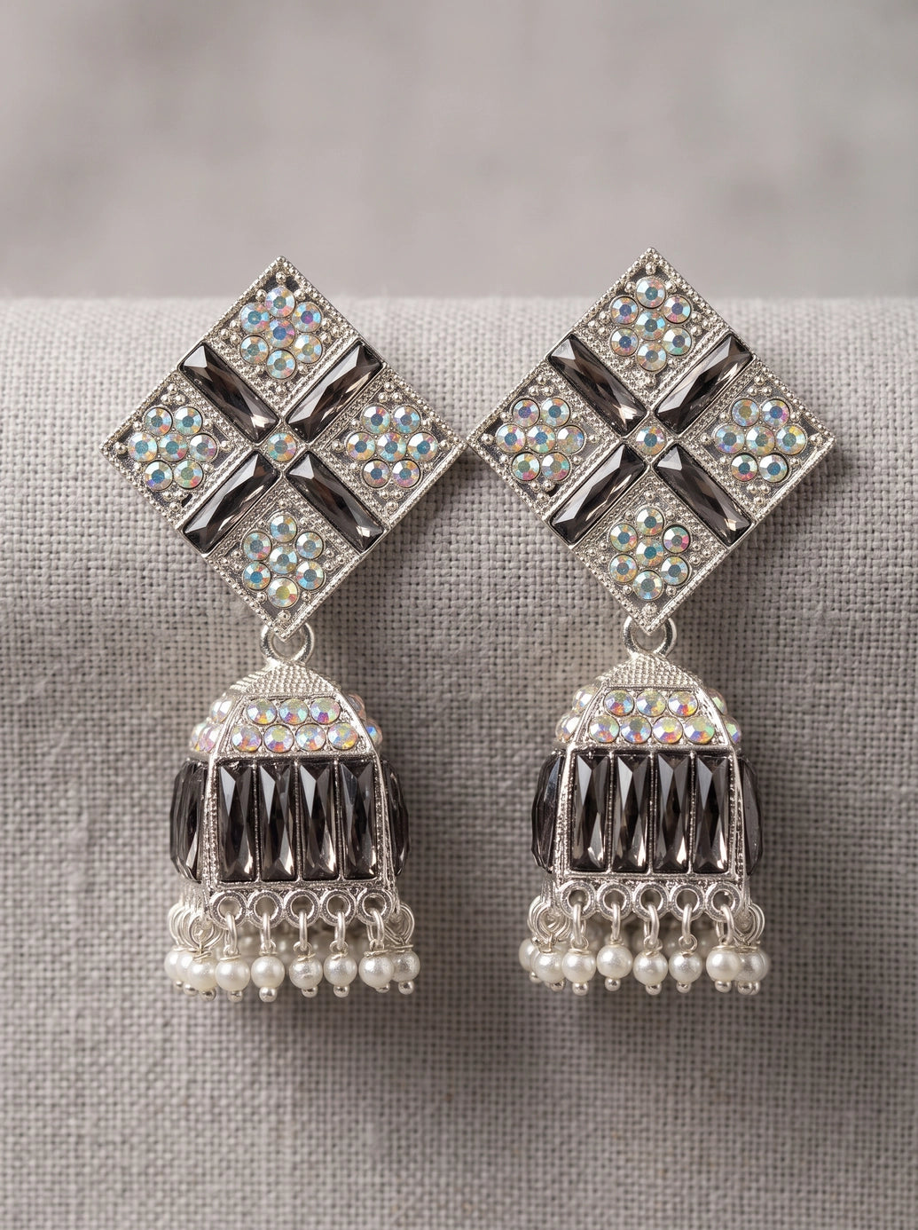 Black Silver Antique Jhumka Earrings with Multicolor Stone Stud & Beaded Dangles, Fashion Jewellery for Women - Black silver