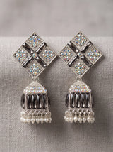 Black Silver Antique Jhumka Earrings with Multicolor Stone Stud & Beaded Dangles, Fashion Jewellery for Women - Black silver