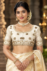 White Readymade Designer Padded Blouse with Zari Floral Butta, U-Shape Neck, Elbow Sleeves, Back Knot - White