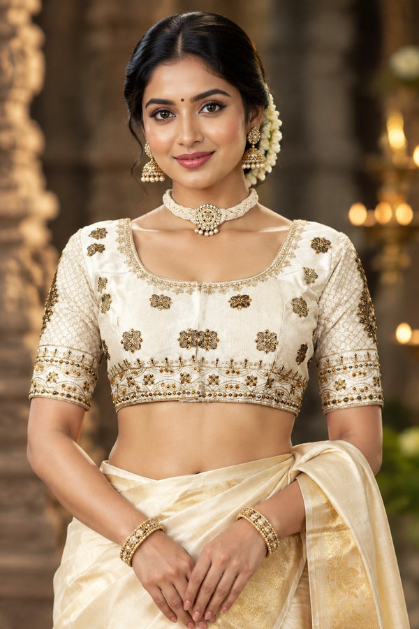White Readymade Designer Padded Blouse with Zari Floral Butta, U-Shape Neck, Elbow Sleeves, Back Knot - White