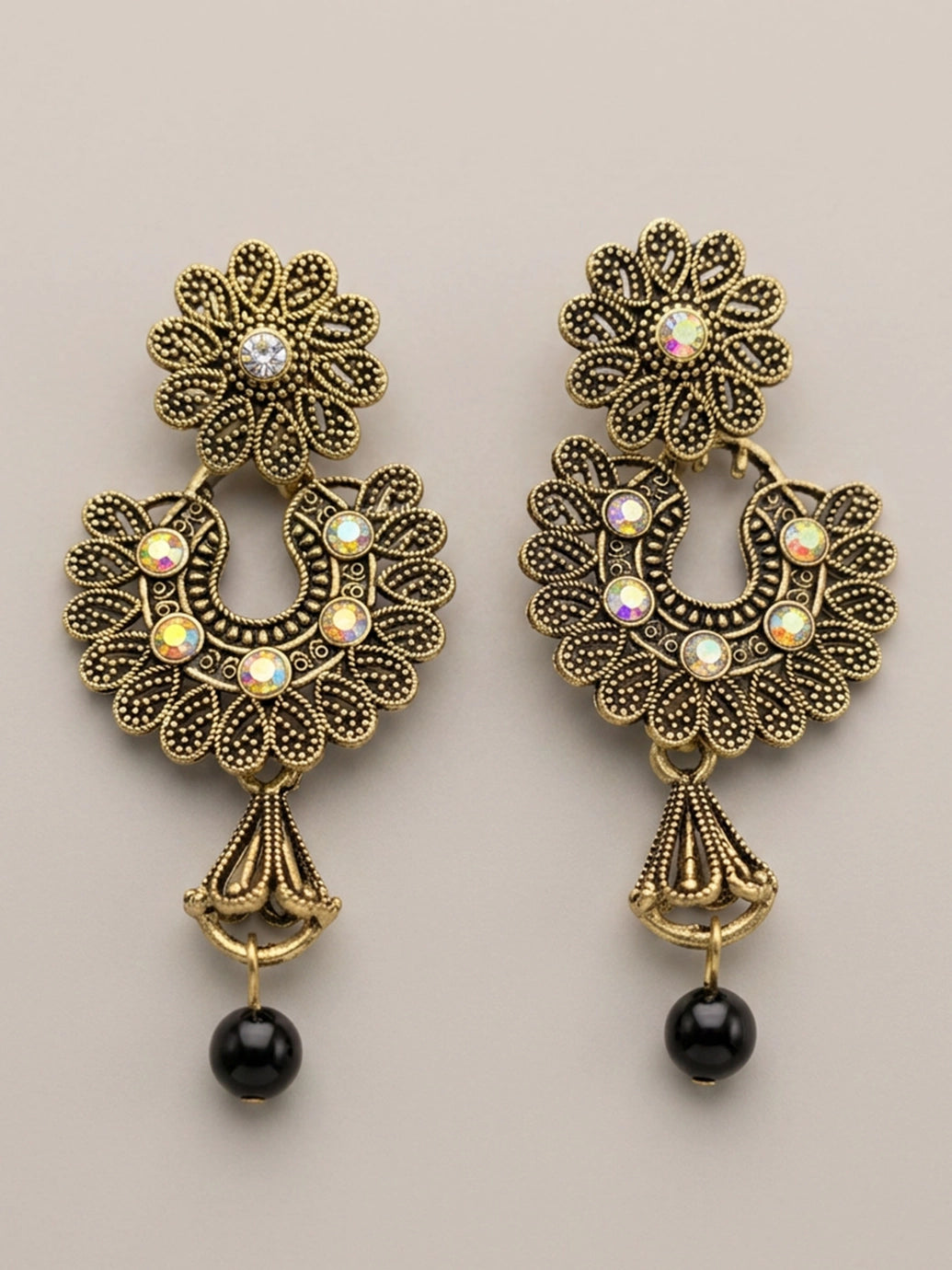 Traditional Floral Drop Earrings with Colorful Stone Stud and Bead Dangles