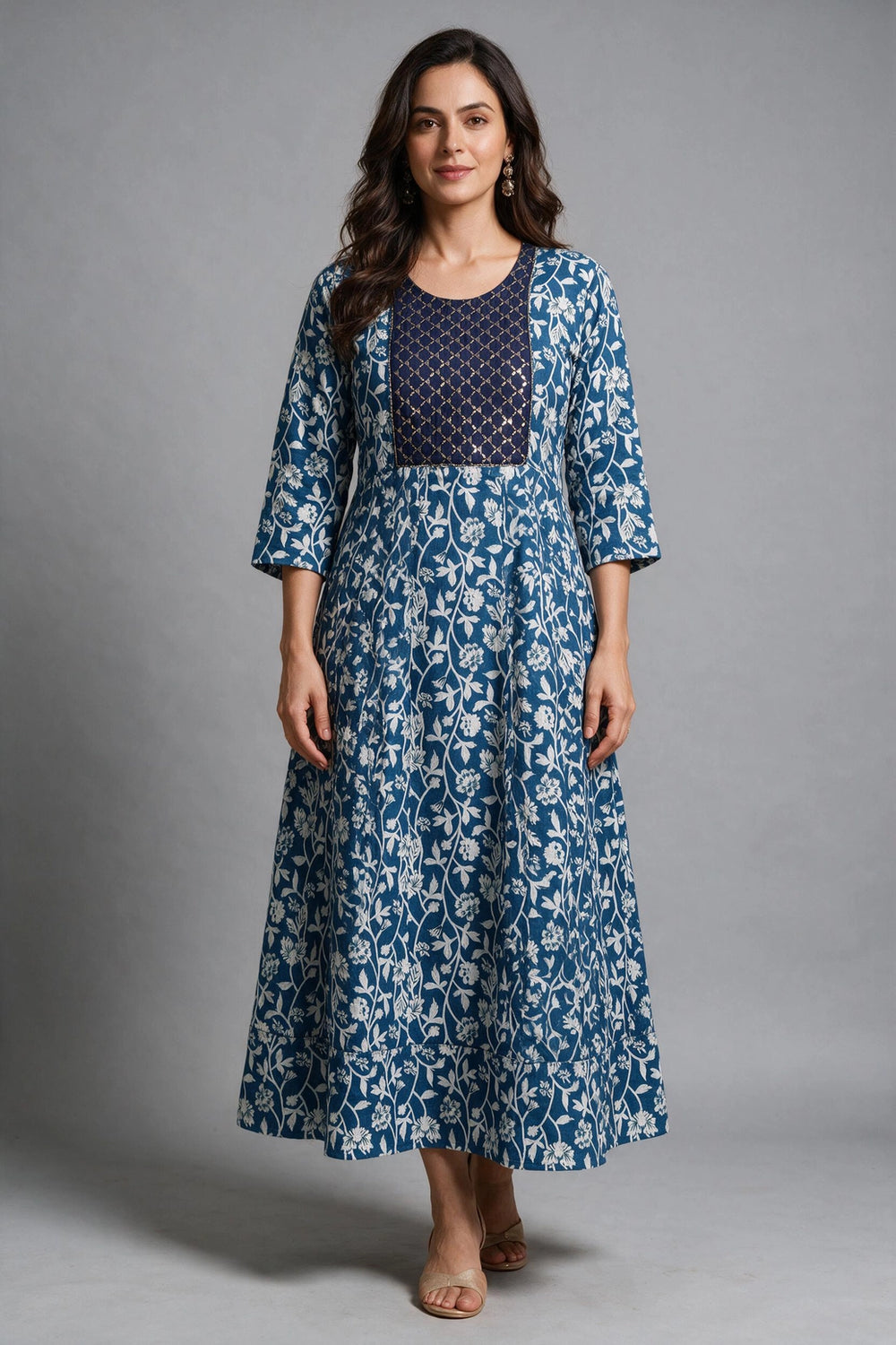 Navy Blue Cotton Anarkali Kurti Gown with Dori Design, Geometric Floral Print and Silver Sequin Detail - Navy Blue