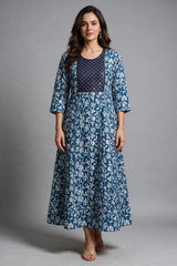 Navy Blue Cotton Anarkali Kurti Gown with Dori Design, Geometric Floral Print and Silver Sequin Detail - Navy Blue