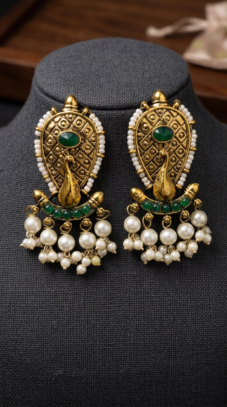 Green Traditional Antique Gold-Tone Statement Earrings with Oval Stone, Beads & Pearl Tassel Hangings - Green