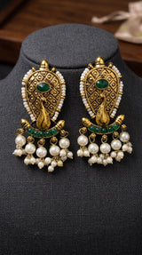 Green Traditional Antique Gold-Tone Statement Earrings with Oval Stone, Beads & Pearl Tassel Hangings - Green