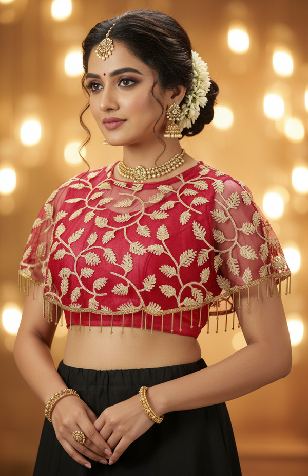 Red Net Designer Padded Blouse with Floral Motifs, Fully Stitched, Sleeveless Back Knot, Golden Embroidery