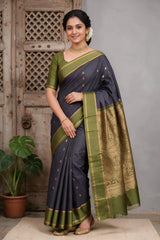 Dark Purple & Olive Green Soft Silk Saree with Kommai Butta and Contrast Border - Dark Purple & Olive Green