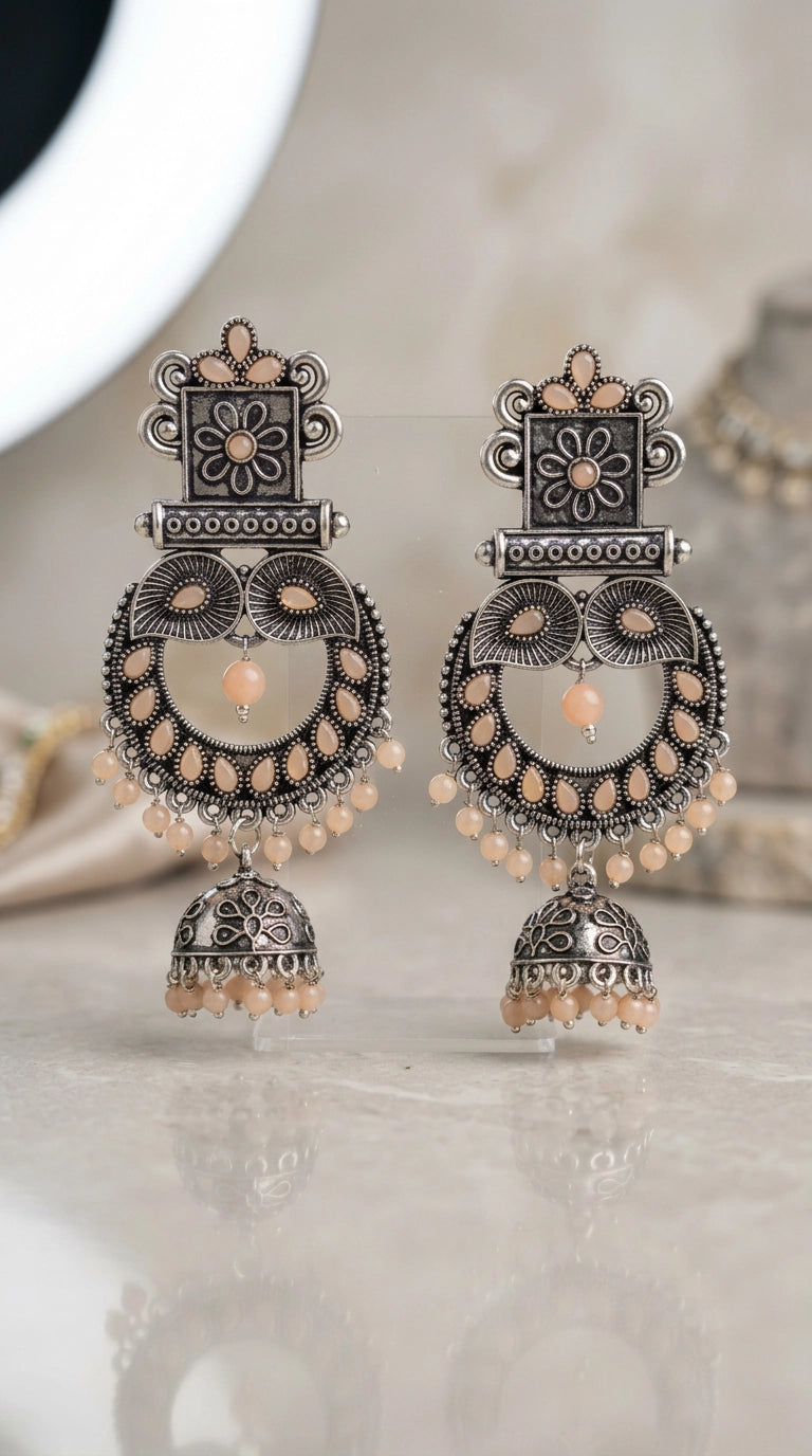 Oxidised Silver Peach Stone Statement Jhumka Earrings with Floral Square Stud Design for Women - Peach