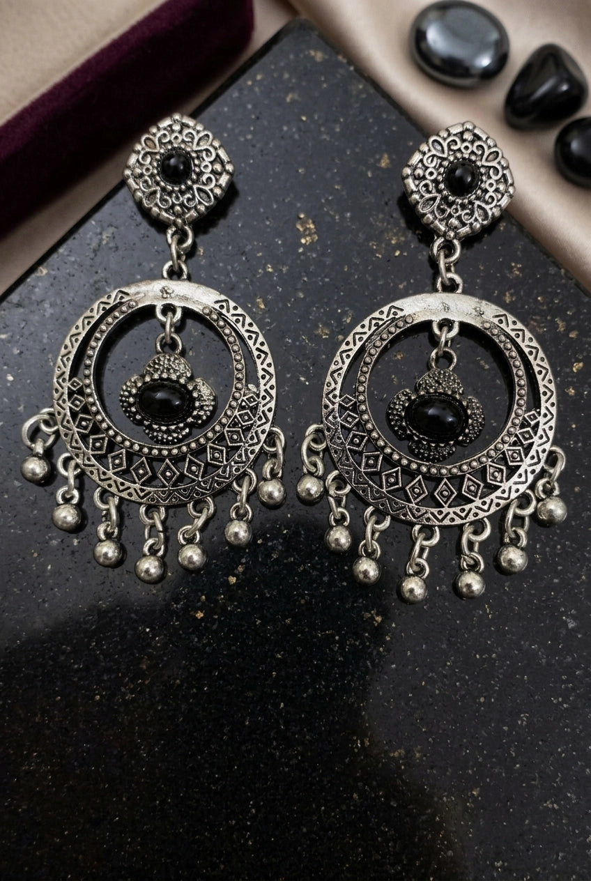 Oxidized Silver-Tone Black Stone Statement Earrings with Floral Stud and Beaded Jhumka Drops for Women - Black