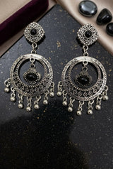 Oxidized Silver-Tone Black Stone Statement Earrings with Floral Stud and Beaded Jhumka Drops for Women - Black