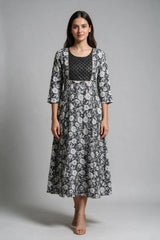 Black Cotton Anarkali Kurti Gown with Dori Design, Geometric Floral Print and Golden Piping Accents - Black