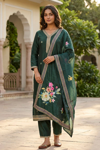 Dark Green Roman Silk Kurta Pant Set with Sequins Zari Work and Digital Dupatta - 3 Piece Ethnic Suit - Dark Green