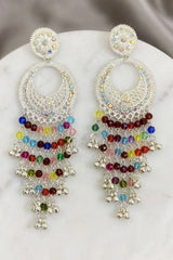 Silver-Tone Multicolor Beaded Jhumka Earrings with Moon Design and Sparkling Stud Tops - Multi color