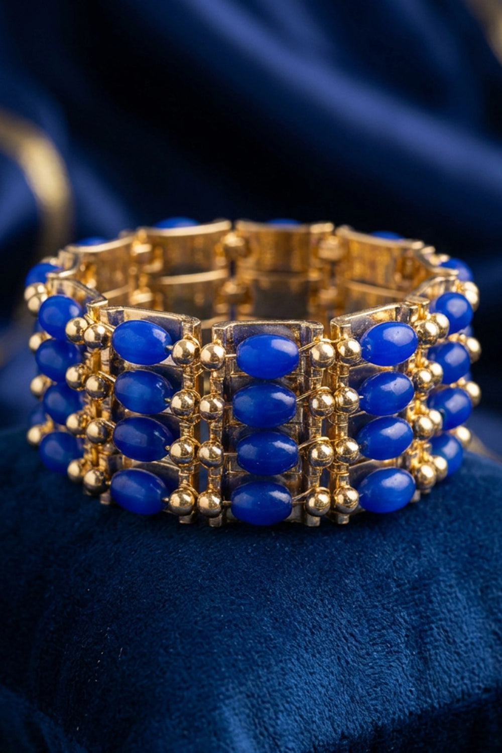Gold-Plated Beaded Stone Bangles - Traditional Ethnic Stackable Bracelet for Women (Royal Blue, Yellow, Lavender)