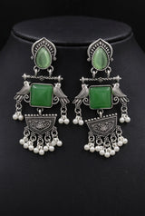 Oxidized Silver Teardrop & Square Stone Statement Earrings with Bird Motifs and Pearl Drops