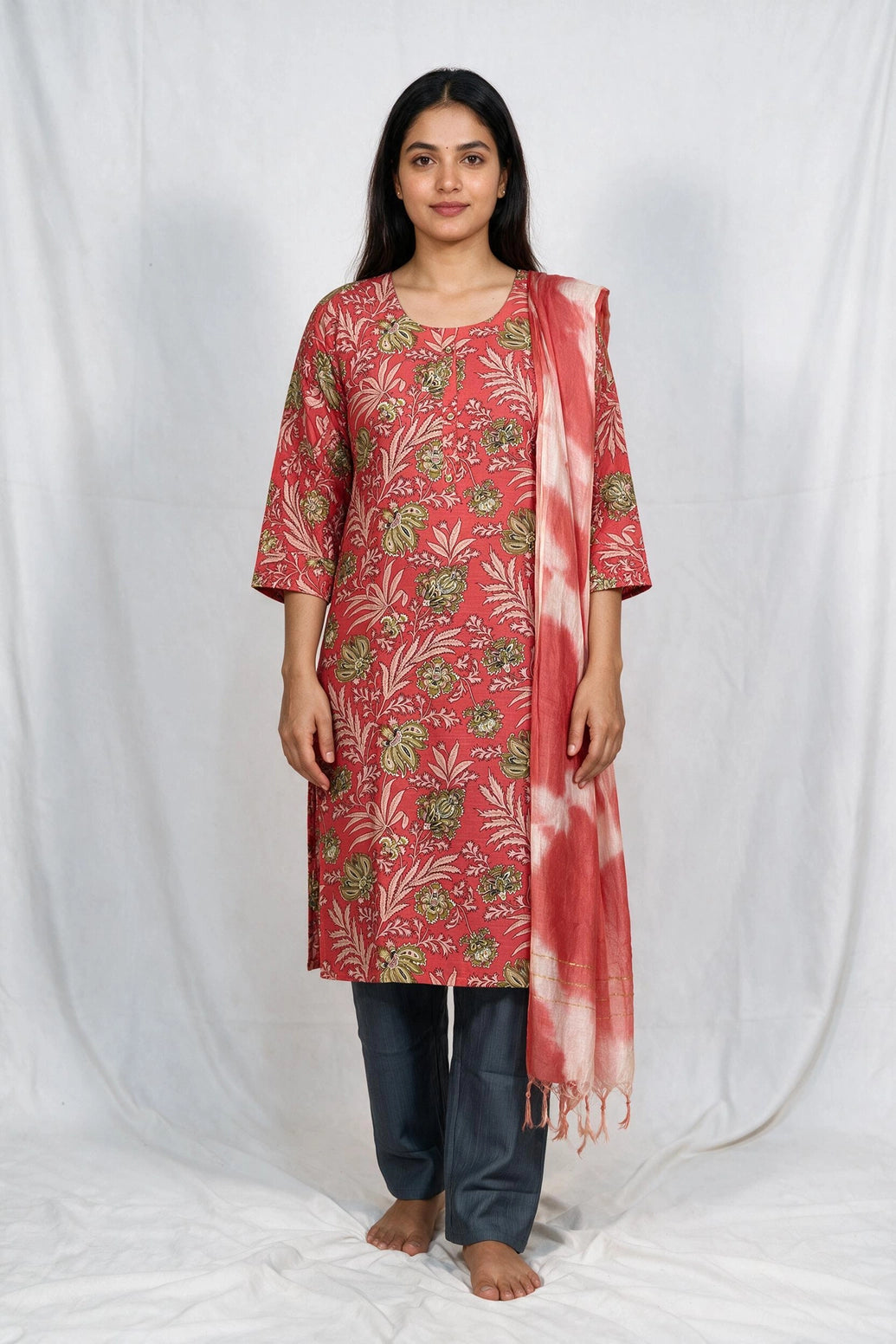 Magenta Floral Cotton Kurti Pant Set with Matching Dupatta - Round Neck Button Placket 3-Piece Suit - Magenta