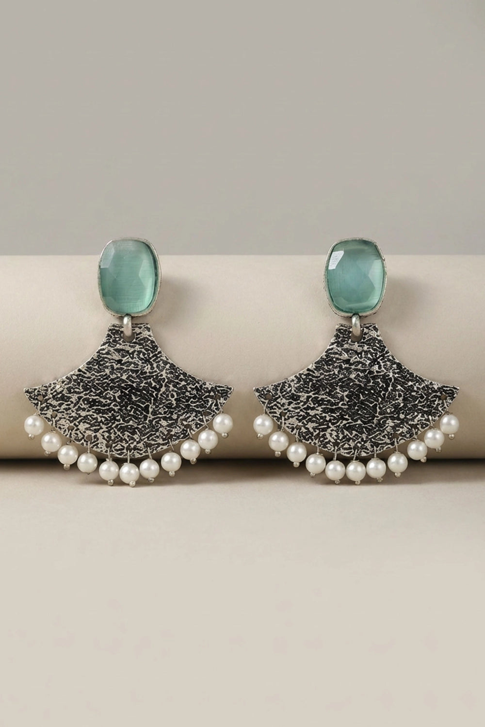 Mint Green Stone Textured Triangle Dangle Earrings with Pearl Drops for Festive Party Wear - Mint Green