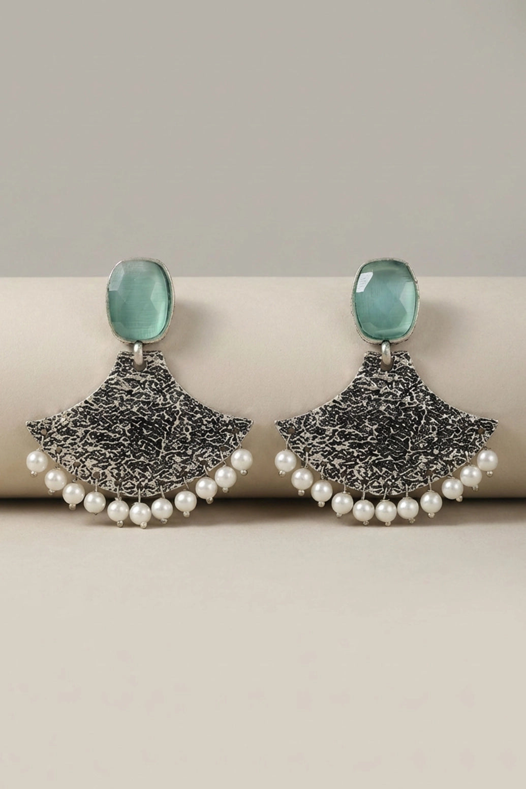 Mint Green Stone Textured Triangle Dangle Earrings with Pearl Drops for Festive Party Wear - Mint Green