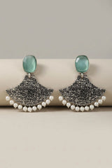 Mint Green Stone Textured Triangle Dangle Earrings with Pearl Drops for Festive Party Wear - Mint Green