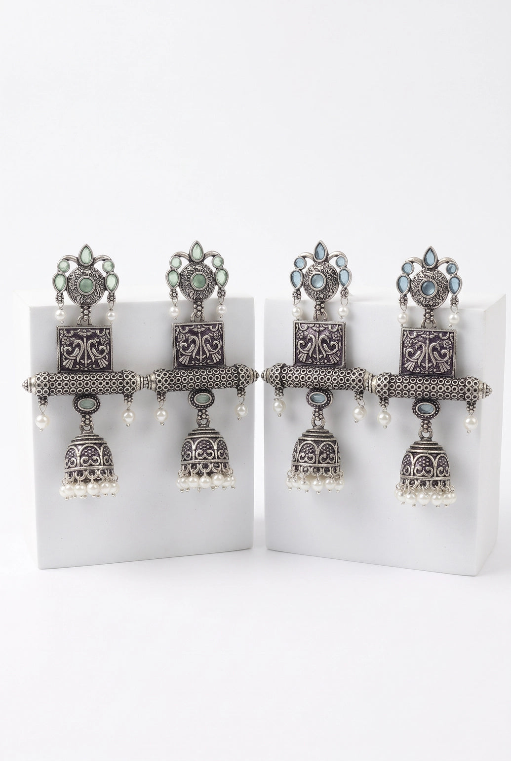 Antique Oxidized Silver Jhumka Earrings with Mint Green/Sea Blue Stones and Pearl Bead Danglers