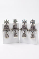 Antique Oxidized Silver Jhumka Earrings with Mint Green/Sea Blue Stones and Pearl Bead Danglers
