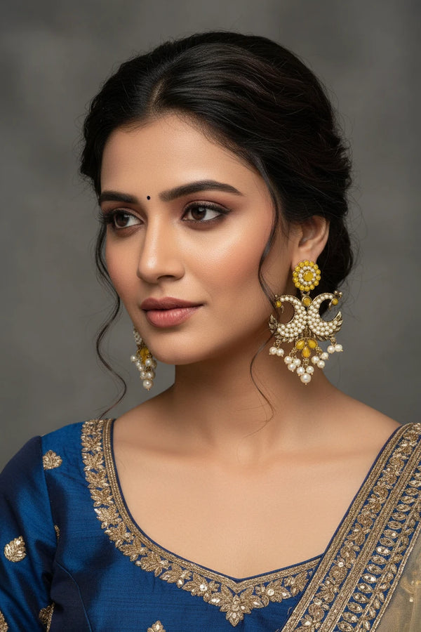 Antique Peacock Pearl Earrings – Gold-Tone Pearl-Studded Ethnic Earrings (2 inch) Jewelry JCS Fashions Yellow 2 inch