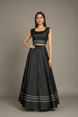 Black Silk Lehenga with Silver Stripe Border and Sleeveless High-Neck Blouse - Black