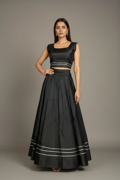 Black Silk Lehenga with Silver Stripe Border and Sleeveless High-Neck Blouse - Black