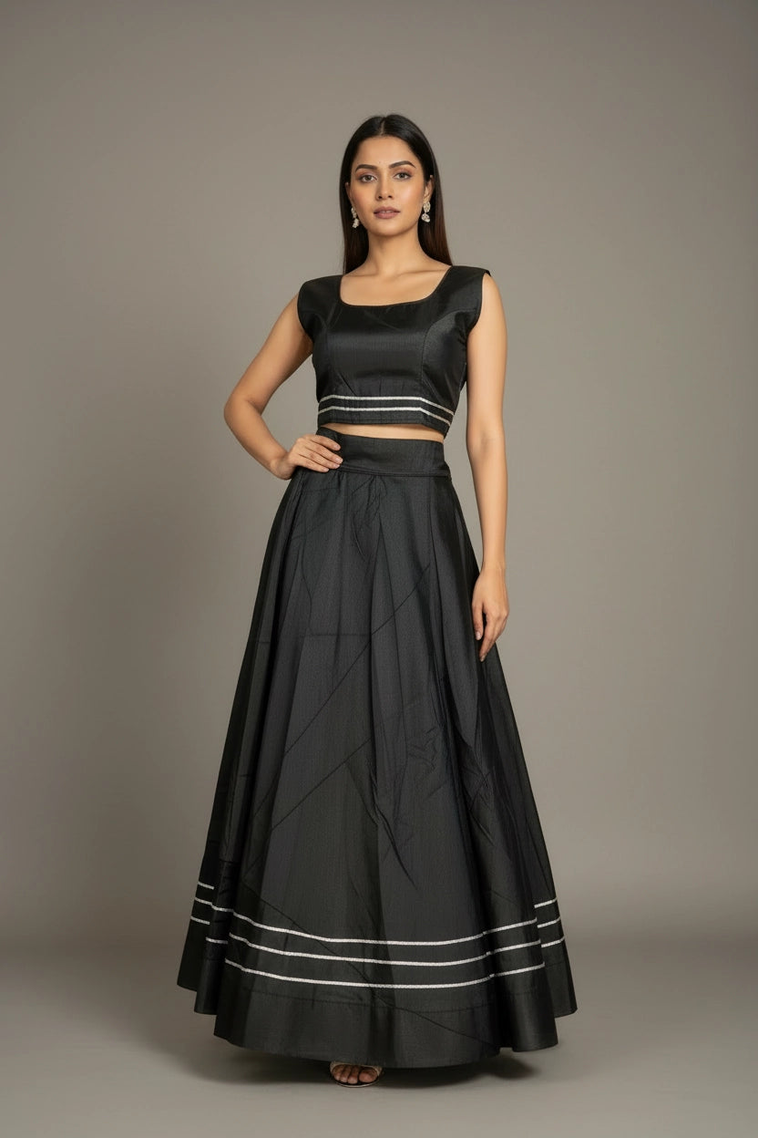 Black Silk Lehenga with Silver Stripe Border and Sleeveless High-Neck Blouse - Black